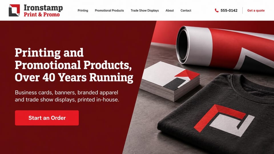 Printing website design, print and promo shop in bold red: deep red panel with a white slab serif headline and red button beside business cards, a banner roll and a black shirt with a red logo
