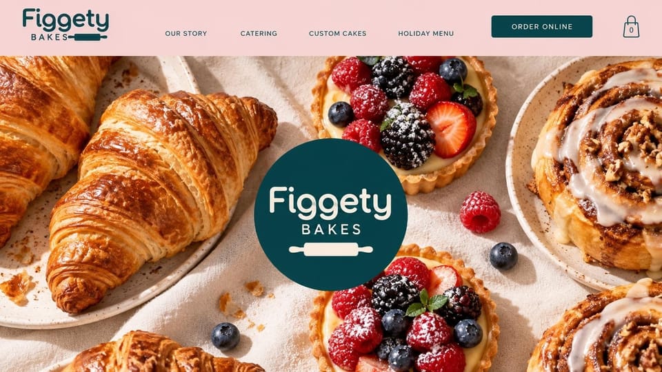Bakery website design, bakery cafe with its logo over the pastry table: pale pink header with a teal wordmark and order button, an overhead spread of croissants, berry tarts and glazed cinnamon rolls around a round teal logo