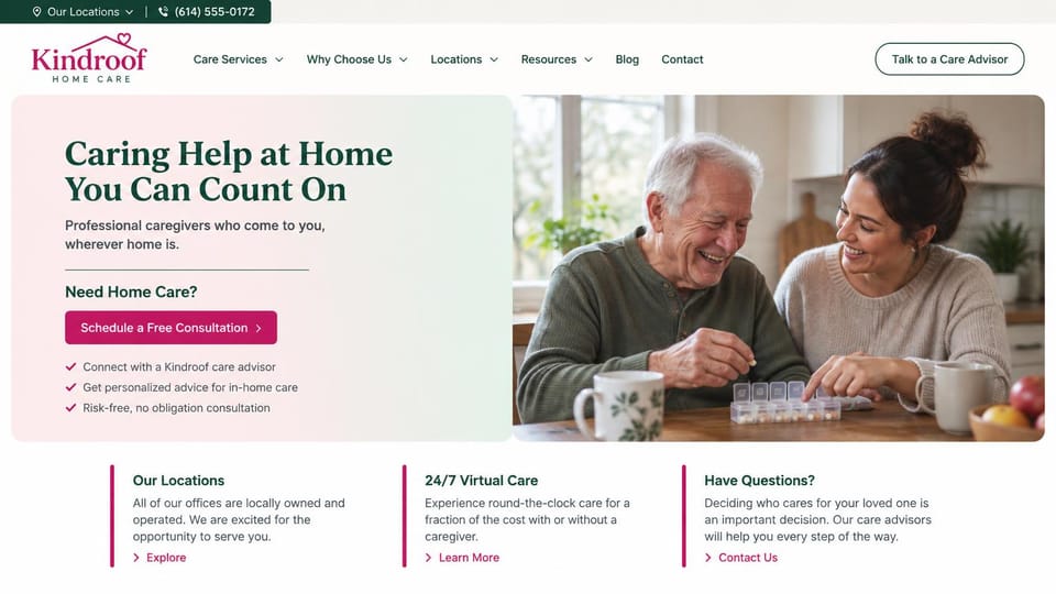 Home care website design, locally owned offices with a consultation panel: pink and mint panel with a green serif headline and a magenta consultation button beside a caregiver and an older man sorting a pill box, three linked columns below