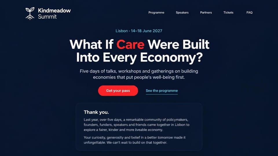 Event website design, values-led summit set in type alone: dark navy page with no photos, white headline with one word in red, cyan dates, red pass button, bordered thank-you letter card