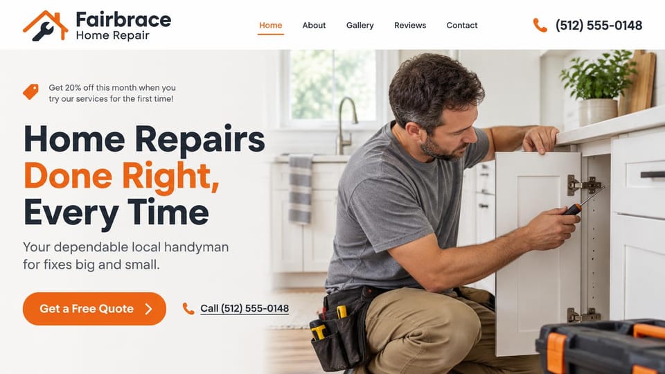 Handyman website design, home repairs in orange with a first-visit offer: white page, a dark and orange headline, an orange quote button and call link, a small offer line with a tag icon, a handyman fixing a kitchen cabinet hinge