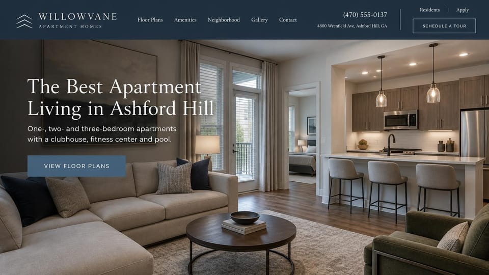 Apartment website design, suburban apartment homes with a navy header: navy header with the address, phone and a tour button, an open kitchen and living room in soft evening light, white serif headline at the left, slate blue floor plans button