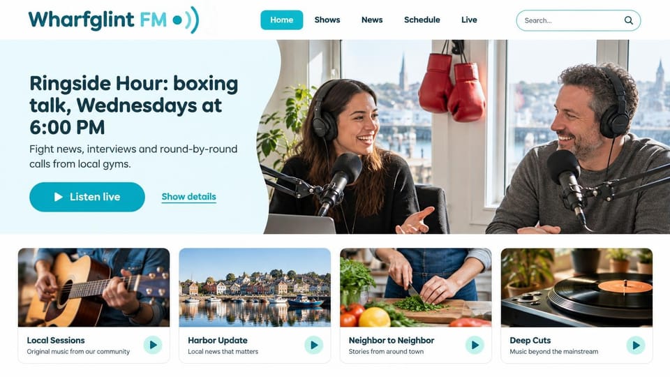 Radio station website design, talk radio featuring a weekly sports show: pale aqua hero with bold dark teal type, a teal listen live pill and underlined details link, a bright studio photo of two hosts in headphones with boxing gloves hung by a harbor window, and four white show cards with photos and round play buttons