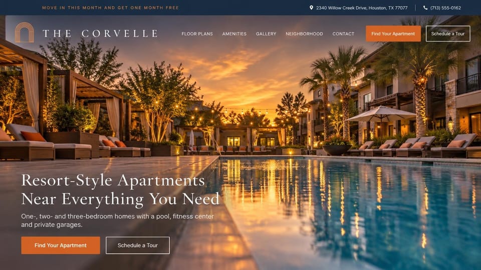 Apartment website design, resort-style pool at sunset with a move-in offer: navy top bar with an orange offer line, a pool courtyard at sunset with palms, cabanas and string lights, white serif headline at the lower left, orange and outlined buttons