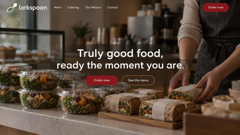 Restaurant website design, grab-and-go kitchen with ready meals: a counter of packed salads and wraps behind a centered white headline and a red order button