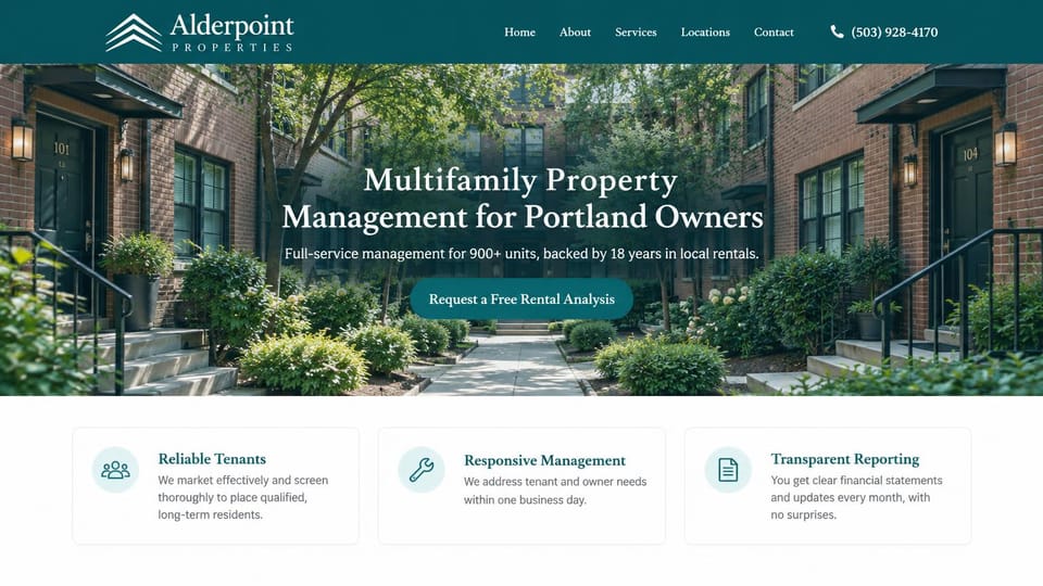 Property management website design, multifamily management with a free rental analysis: teal header, a white serif headline over a leafy brick apartment courtyard, a teal analysis button and three white benefit cards