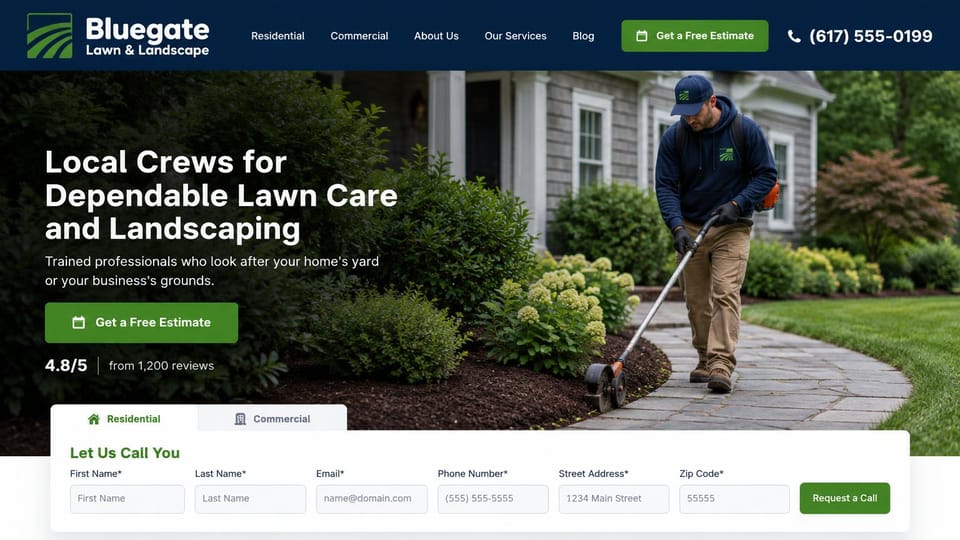 Contractor website design, lawn care with a call-back form: navy header, a crew member edging a walkway, a white headline, green buttons and a call-back form