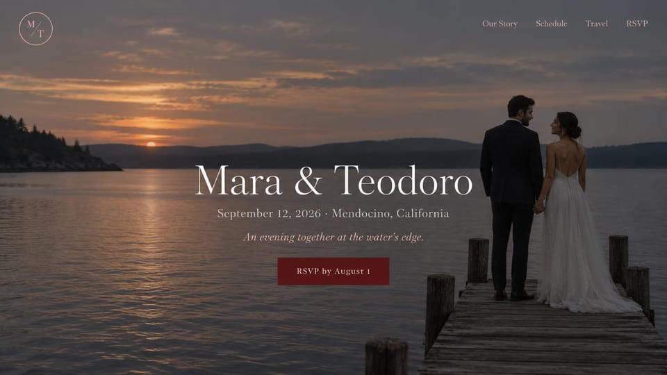 Wedding website design, lakeside wedding at dusk: a couple on a lake pier at sunset, white serif names centered above a deep red RSVP button