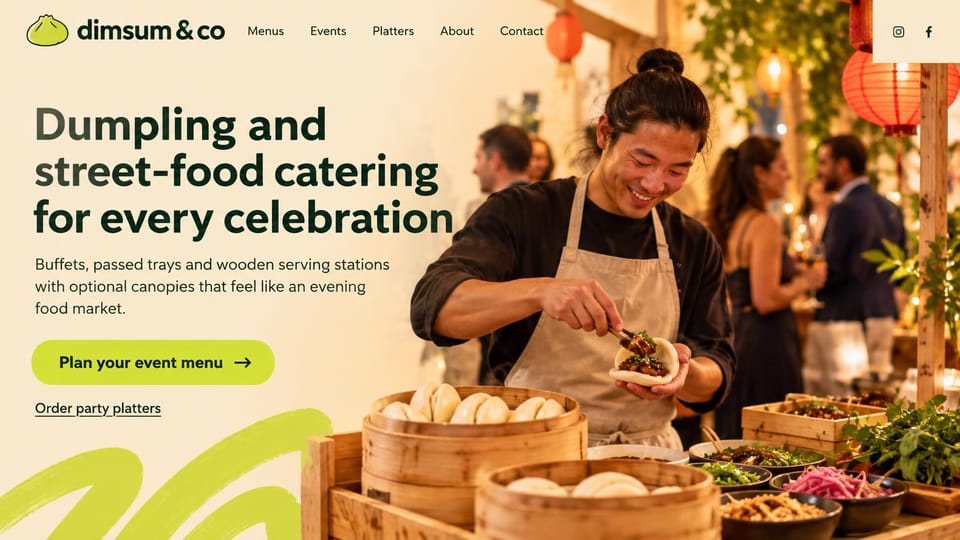 Catering website design, dumpling and street-food catering under lanterns: warm cream page, a bold dark green headline, a lime button and brush stroke, and a chef filling steamed buns under red lanterns