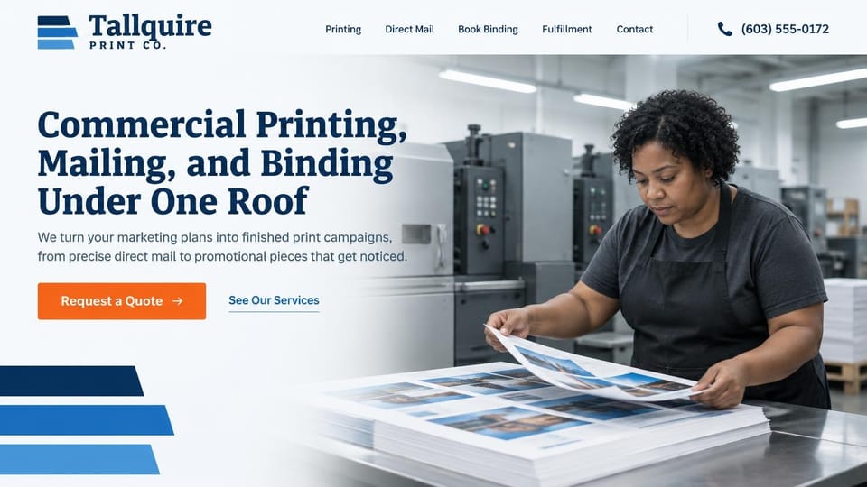 Printing website design, printing, direct mail and binding in one shop: pale white page, a large navy serif headline, an orange quote button and a blue services link, a phone number in the header, a printer checking full-color sheets beside offset presses, stacked navy and blue stripes