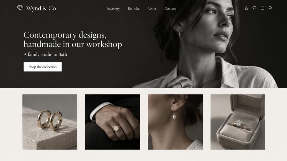 Jewelry website design, family workshop with a row of close-ups: charcoal black and white portrait of a woman in hoops and a fine chain, a white serif headline and button, four jewelry close-ups on ivory