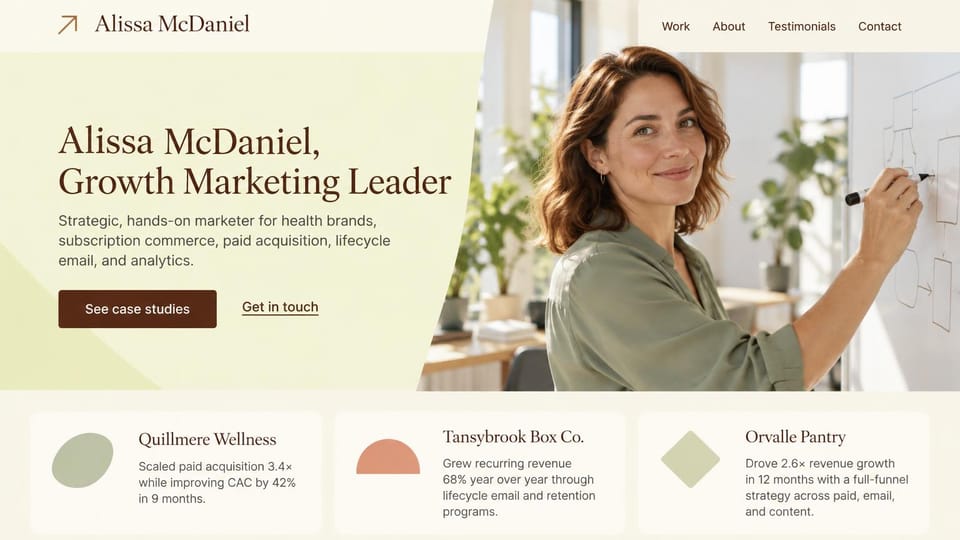 Marketing portfolio website design, growth marketer with result cards under the hero: pale green and cream page, a brown serif headline, a brown button, a woman drawing a flowchart on a whiteboard and three result cards