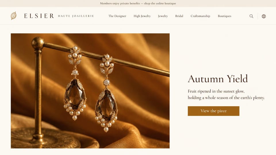Jewelry website design, high jewelry house with one piece in focus: ivory page, gold and smoky quartz chandelier earrings with pearls on a brass stand against amber silk, a dark serif headline and a gold button