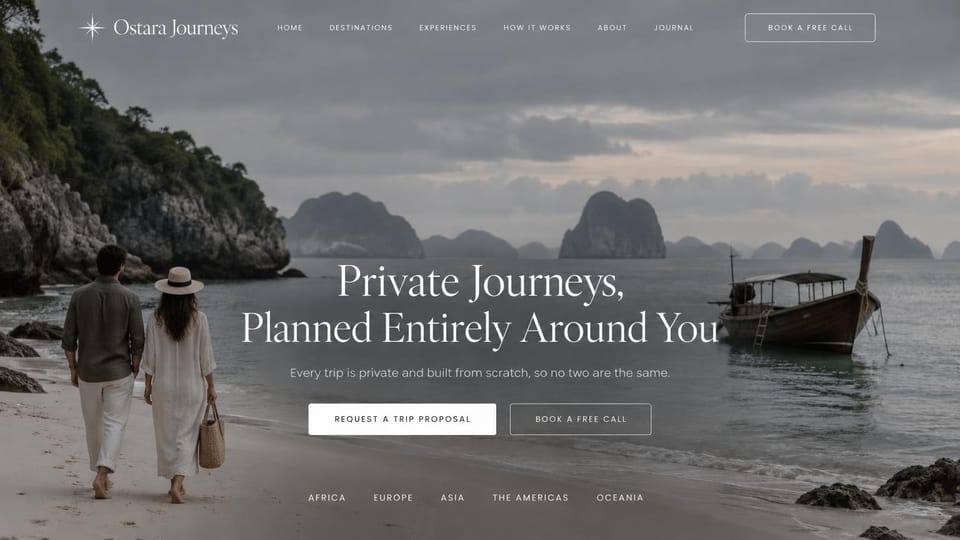 Travel agency website design, private journeys with a free call button: muted gray photo of a couple walking a beach toward a longtail boat and limestone islands, centered white serif headline, white and outlined buttons, region links below