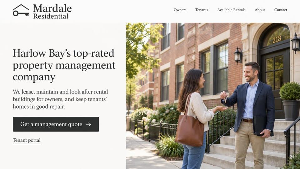 Property management website design, rental building management with a tenant portal link: warm white page, a key and roofline logo, a charcoal serif headline, a black quote button and a manager handing keys to a woman on brick steps
