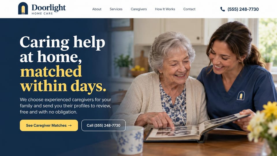 Home care website design, caregiver matching in navy and yellow: navy panel, a white and yellow serif headline, a yellow button and a caregiver looking through a photo album with an older woman