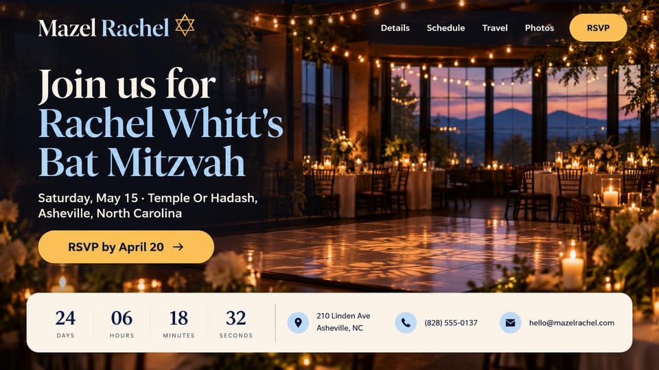 Event website design, bat mitzvah with a countdown and contact bar: dark photo of a candlelit reception room with mountain views, cream and light blue serif headline, yellow RSVP button, cream countdown bar