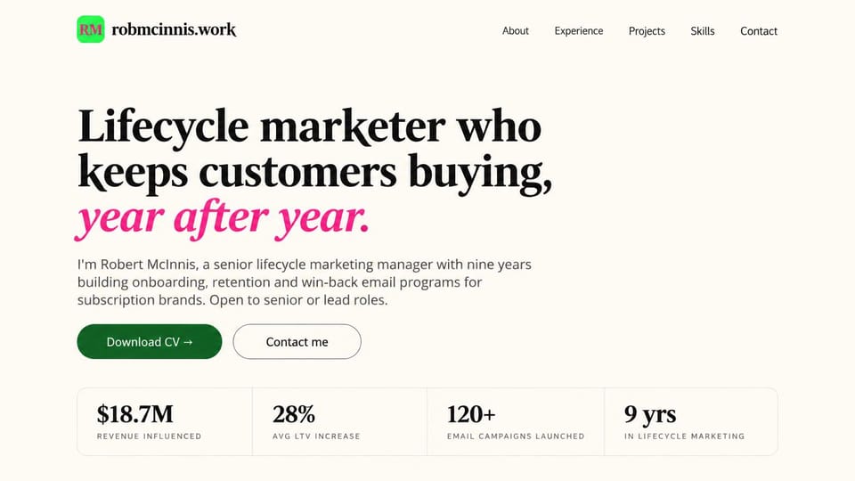 Resume website design, lifecycle email marketer with a results strip: cream page, a large black serif headline ending in pink italics, a dark green download CV button and a row of four stats in a rounded box