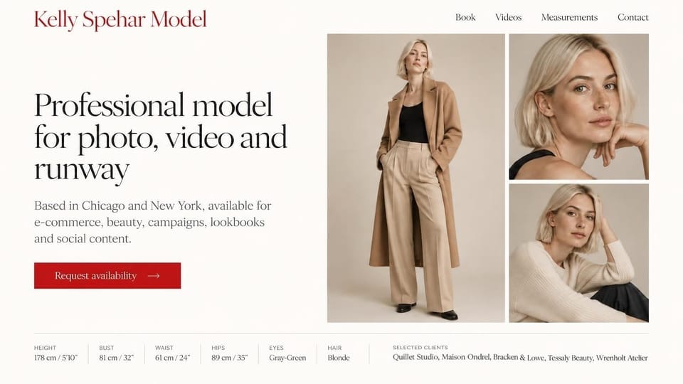 Model portfolio website design, photo, video and runway model with a red book button: warm off-white page, a red serif name, a large black serif headline, a red availability button and three neutral-toned photos of a blonde woman with a bob in a camel coat and a cream sweater