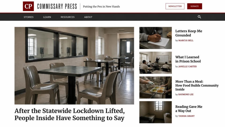 News and magazine website design, prison writing project with first-person stories: white page, red square logo and condensed name, outlined newsletter and red donate buttons, a charcoal menu bar, an empty prison visiting room, a serif headline, four first-person stories with thumbnails