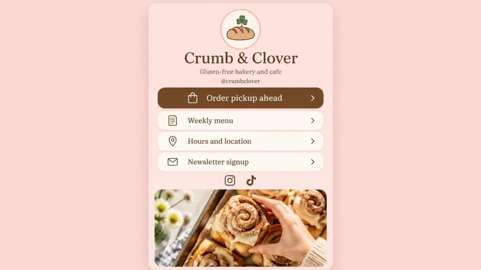 Cafe website design, gluten-free bakery as a single link page: blush card with a bread logo, a brown order button, three cream link buttons and cinnamon rolls