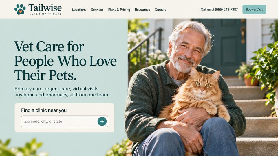 Veterinary website design, primary and urgent care with a clinic finder: pale aqua panel with a dark green serif headline and a clinic search box, a photo of an older man holding an orange cat on front steps