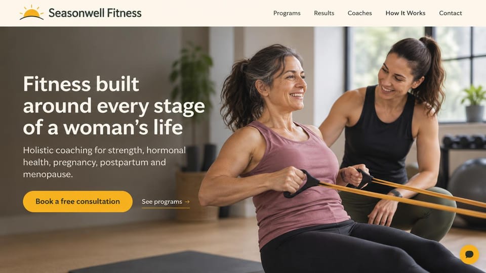 Personal trainer website design, women's coaching from pregnancy to menopause: cream menu bar, a warm studio photo of a coach beside a smiling woman doing a seated band row, a large white headline, a yellow consultation button