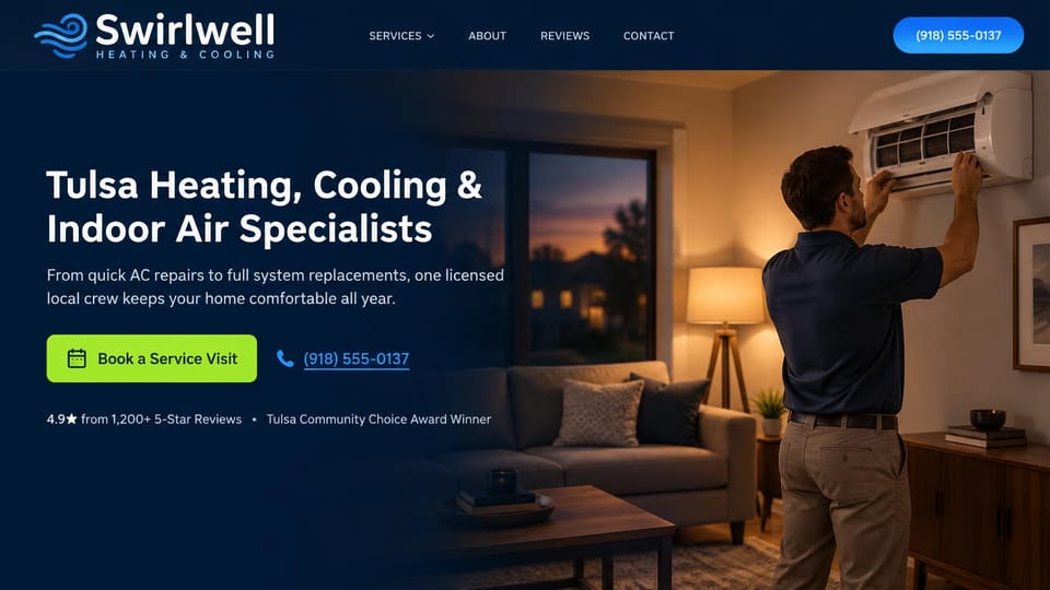 HVAC website design, heating, cooling and indoor air at dusk: dark navy page, a white headline, a lime green button and a technician servicing a wall-mounted air conditioner in a lamplit living room at dusk