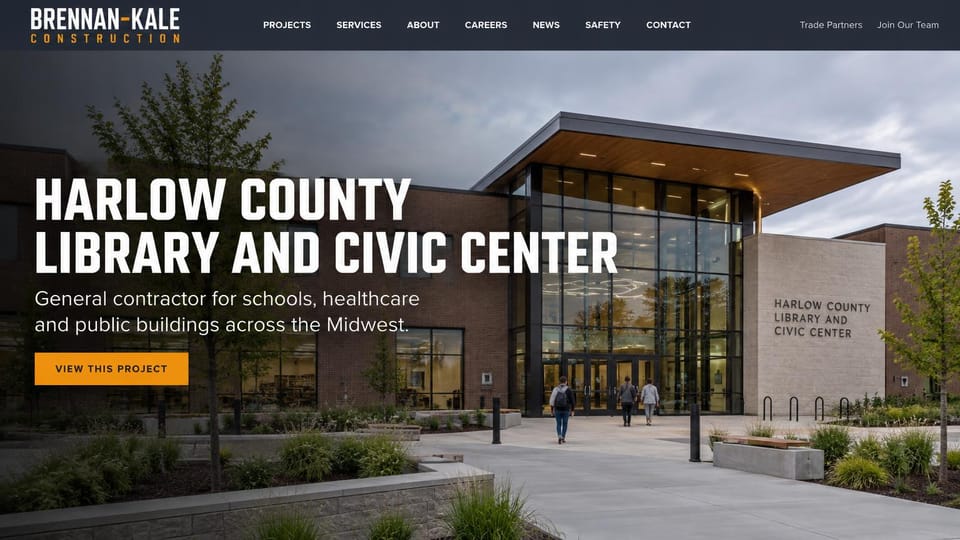 Construction website design, public buildings with a featured project up top: dark navy header, a new library and civic center at dusk, a huge condensed white headline and an orange button