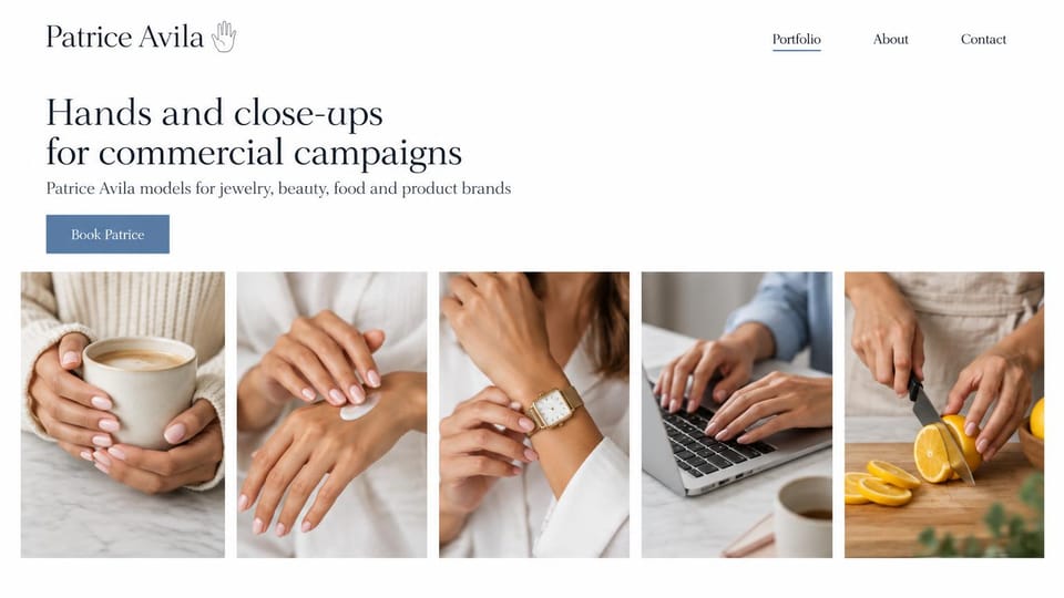 Model portfolio website design, hand model with a row of close-ups: white page, a dark serif headline and muted blue button above five close-ups of hands with a mug, cream, a watch, a laptop and a lemon