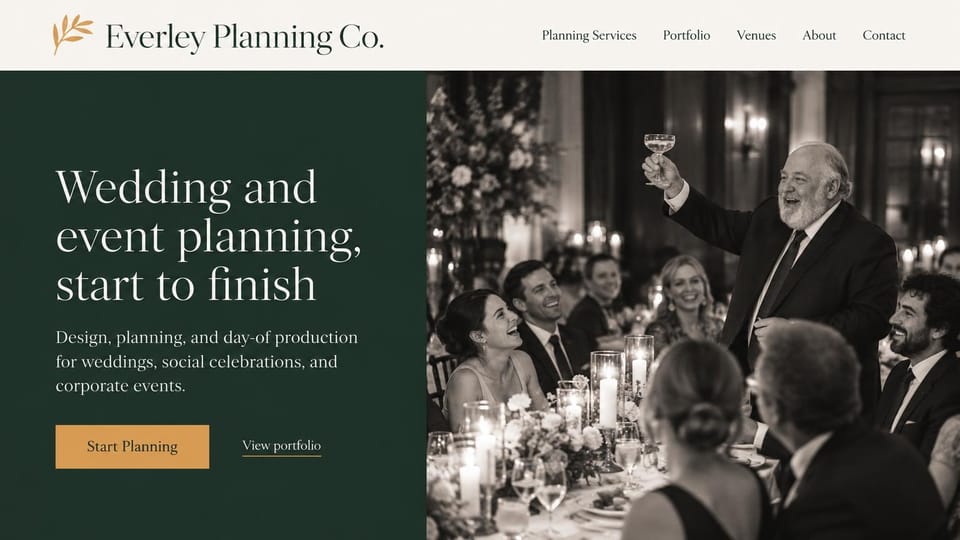 Event planner website design, weddings, parties and company events in deep green: cream header, deep green panel with a large cream serif headline and gold button, a black-and-white photo of an older man raising a toast at a candlelit reception