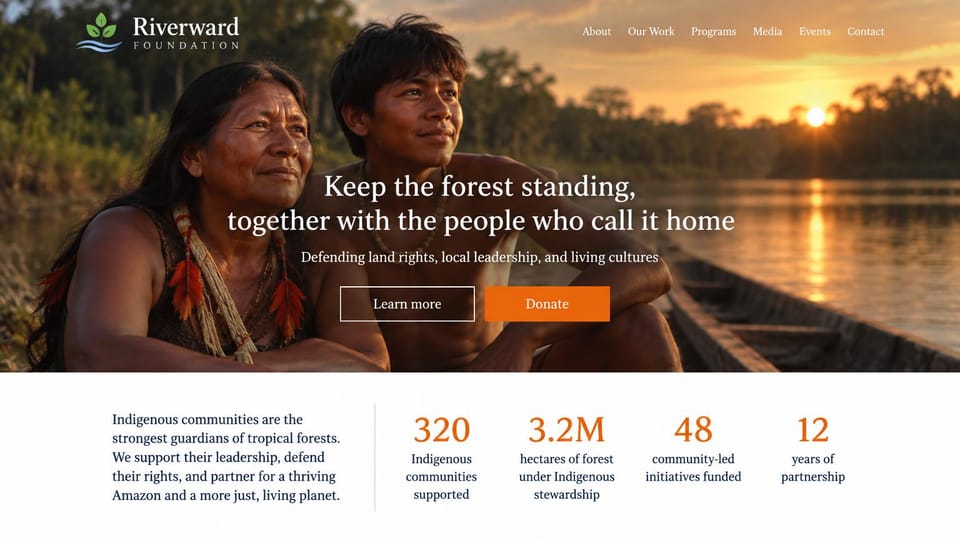 Nonprofit website design, forest foundation with impact figures below: two Indigenous people by a river at sunset, centered serif headline, orange figures on white below