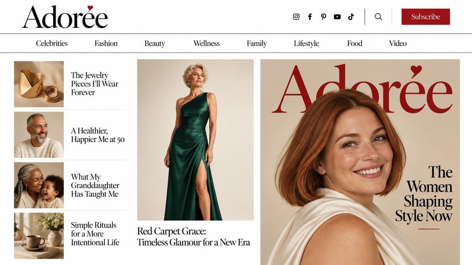 News and magazine website design, women's lifestyle magazine with its latest cover: white page, red serif logo with a heart, a woman in a green satin gown, a cover of a smiling red-haired woman