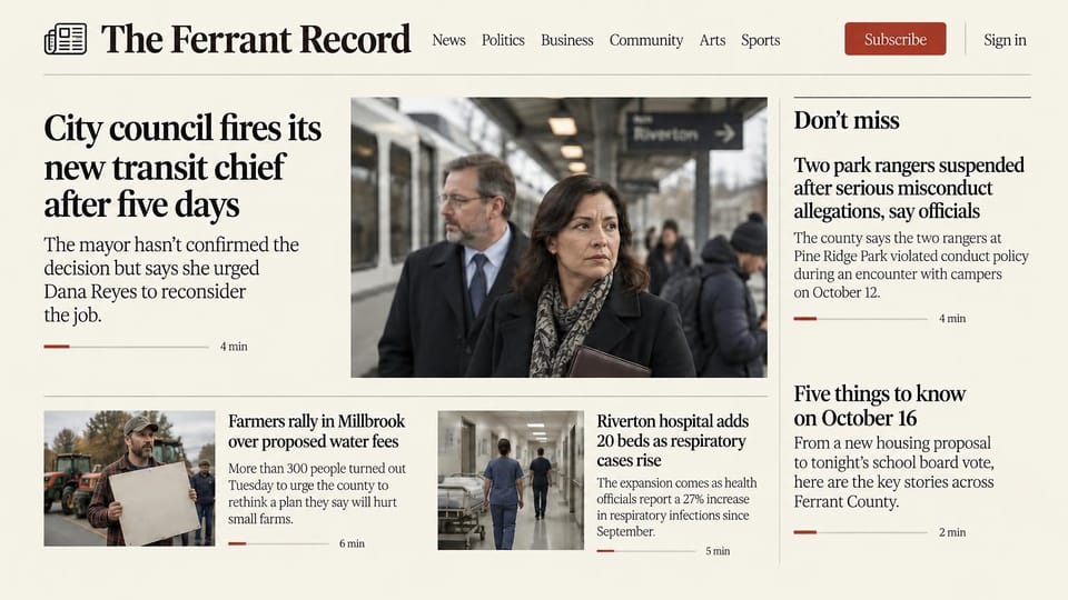 News and magazine website design, county newspaper on cream with a must-read column: cream page, black serif headlines, brick red subscribe button, two officials on a train platform, a farmer holding a sign