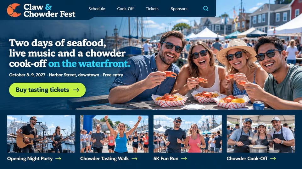 Event website design, seafood festival with a card for every event: navy page, friends eating lobster from paper boats on a harbor, white and cyan serif headline, lime ticket button, four photo cards with lime arrows