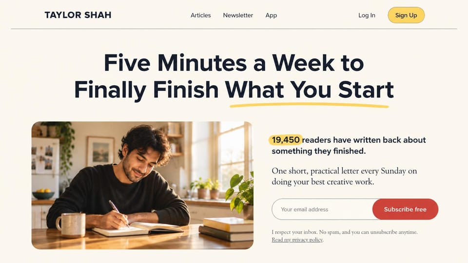 Blog website design, creative habits newsletter with a photo: cream page, a navy headline with a yellow underline, a man writing at a desk and a red subscribe button