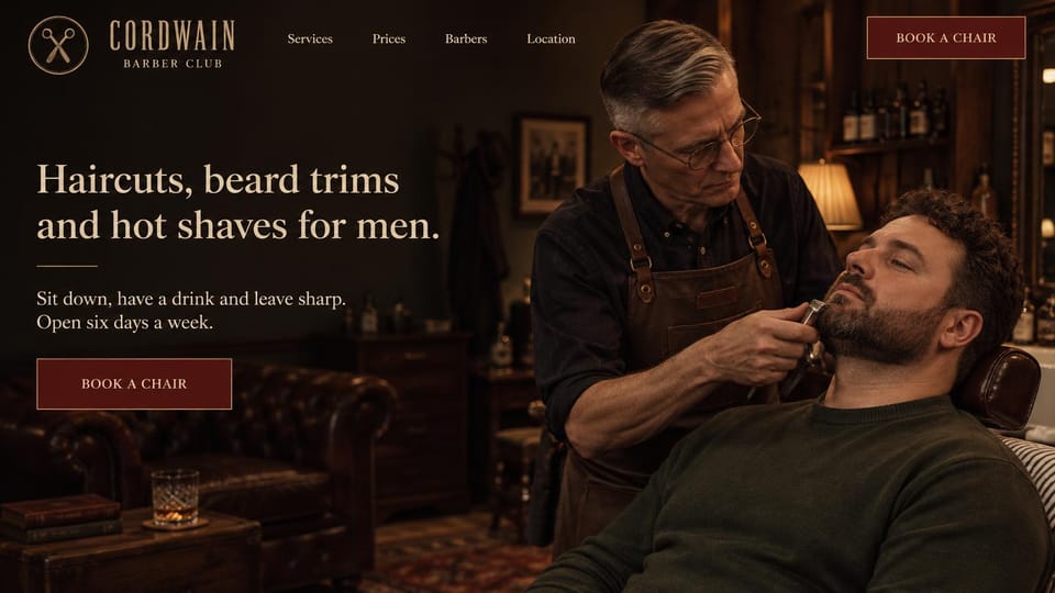 Barbershop website design, barber club with a leather lounge: dark warm club room with a leather sofa and a glass of whiskey, an older barber trimming a client's beard, a cream serif headline and a maroon button