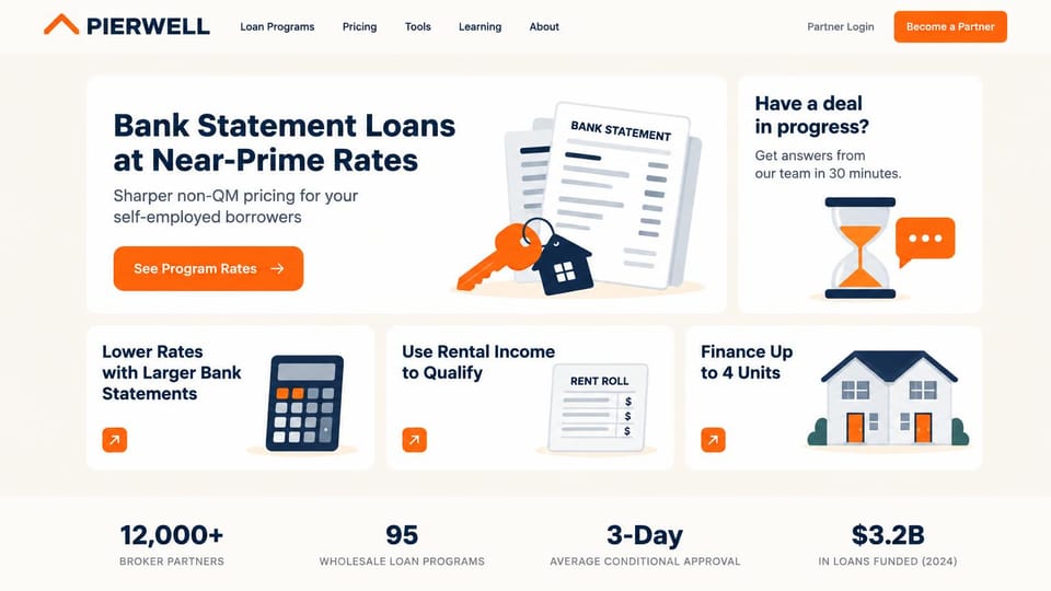 Mortgage website design, wholesale lender with illustrated loan cards: warm cream page in navy and orange, illustrated cards with a bank statement, keys, an hourglass, a calculator and a house, a row of figures below