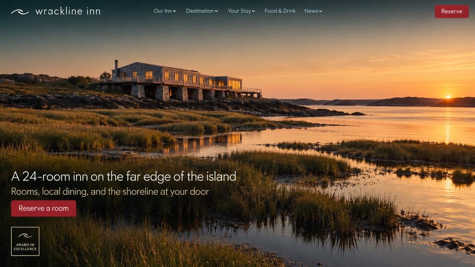 Hotel website design, island inn on the far shore: a long waterfront inn above marsh grass at sunset, a white headline at lower left and a red button