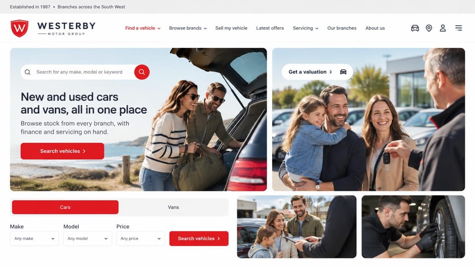 Car dealership website design, motor group for cars and vans: white page with red buttons, a couple loading a car by the sea, a family receiving keys, a tabbed search and a mechanic photo