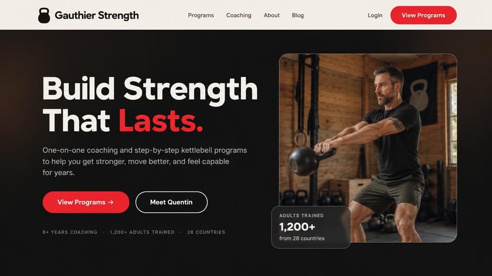Personal trainer website design, kettlebell programs and one-on-one coaching: cream menu bar, a dark charcoal hero with a large white and red headline, red buttons, a rounded photo of a man swinging a kettlebell in a wood-walled gym, a small stat card