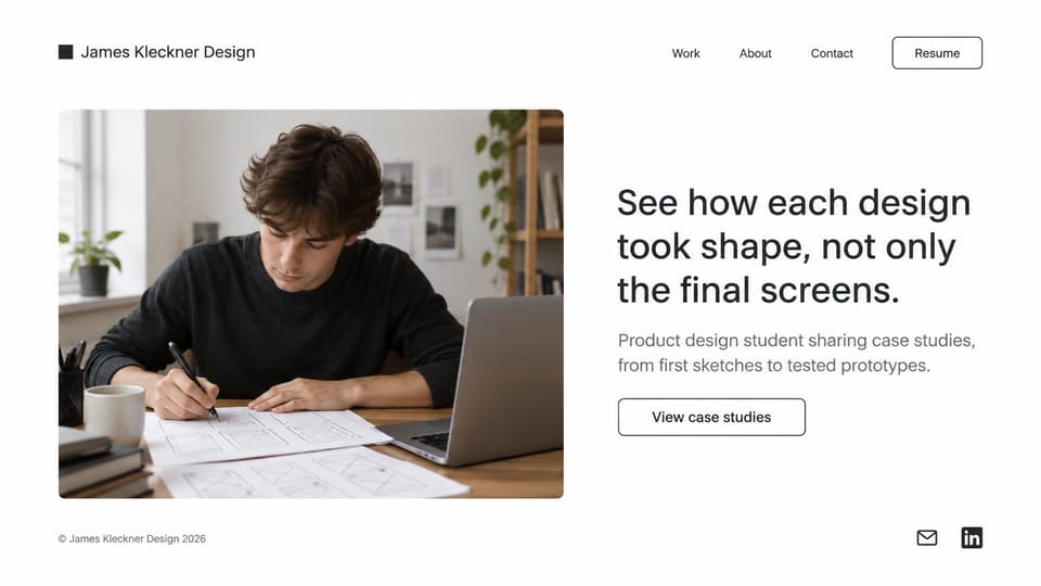 Resume website design, product design student with a resume button in the header: white page, a photo of a young man sketching wireframes beside a laptop, a large black headline, an outlined case studies button and a resume button in the header