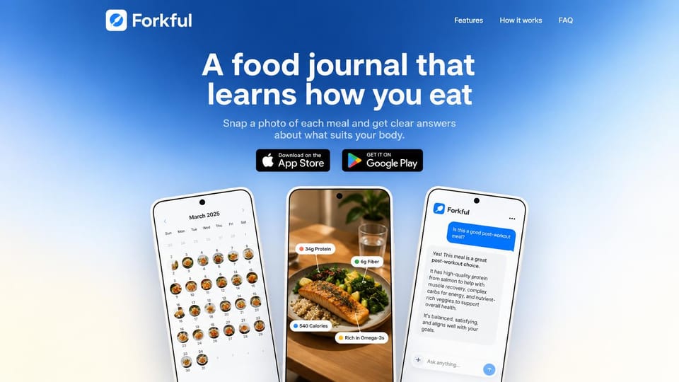 Mobile app website design, food journal with three phone screens: bright blue gradient, centered white headline, store badges and three phones in a row