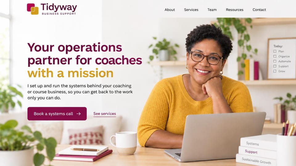 Virtual assistant website design, operations support for coaches, warm and bright: white page, a plum and gold headline, a plum button, a smiling woman in glasses and a mustard sweater at a laptop in a bright office