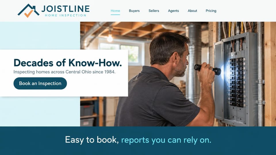 Home inspector website design, decades of experience with a panel check: pale blue and white page, navy headline, a navy book button, an inspector shining a flashlight into an electrical panel, a teal band below