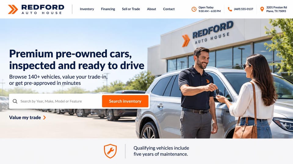 Car dealership website design, used car dealer with hours and address up top: white header with hours, phone and address, a sunny lot photo of a salesman handing keys to a woman, navy headline, orange search button