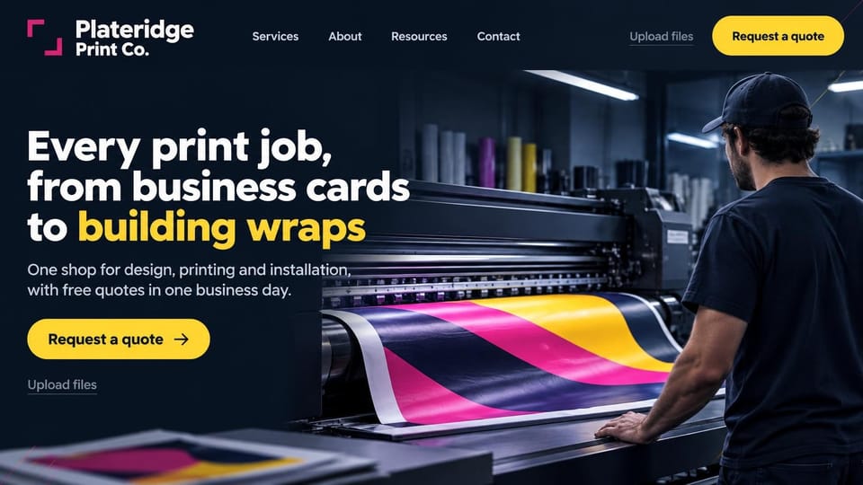 Printing website design, full-service print shop from cards to wraps: dark navy page, a heavy white headline ending in yellow, yellow quote buttons and upload links, a worker in a cap watching a large-format printer roll out magenta, yellow and navy stripes