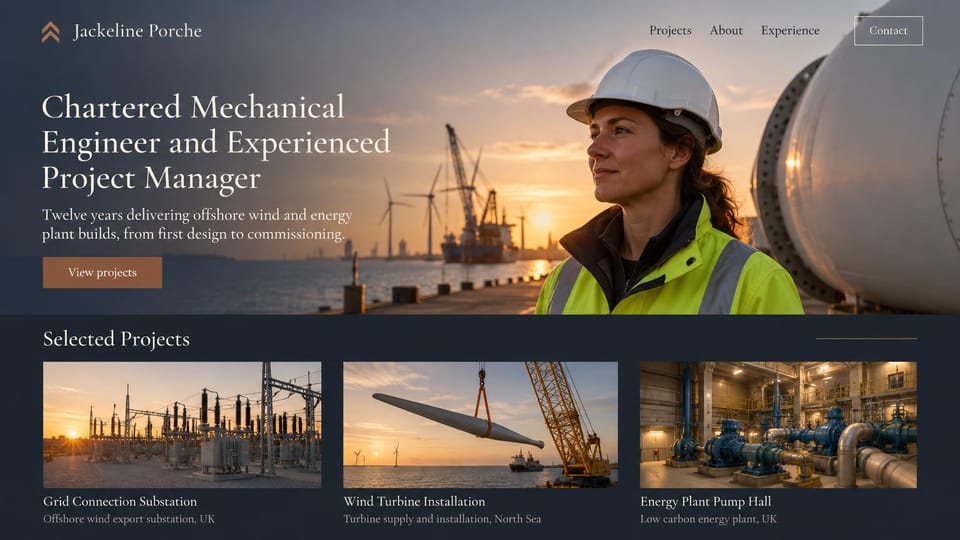 Engineering portfolio website design, energy project engineer with site photos: dark navy page, a white serif headline, a copper button, a woman in a hard hat at a wind farm harbor and three industrial project photos