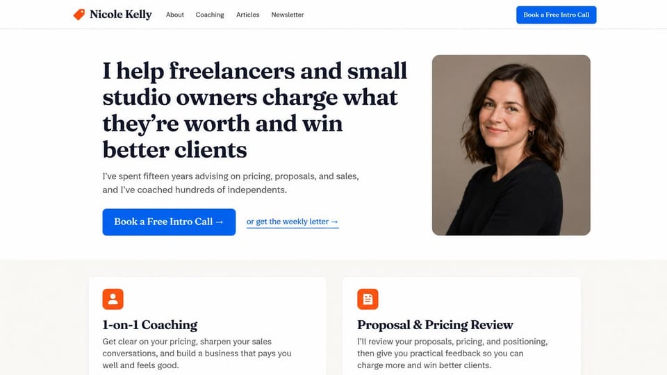 Coaching website design, pricing coach for freelancers: white page, a black serif headline, a blue button, a framed portrait and two service cards below