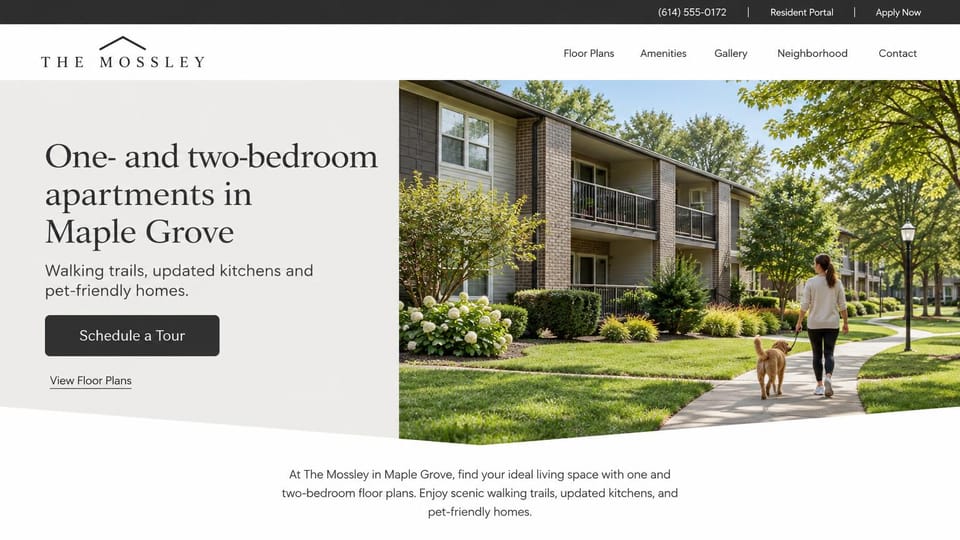 Apartment website design, garden apartments with walking paths and a dog: pale gray left panel with a dark serif headline and charcoal tour button, two-story garden buildings, lawns and a woman walking a golden retriever on a path